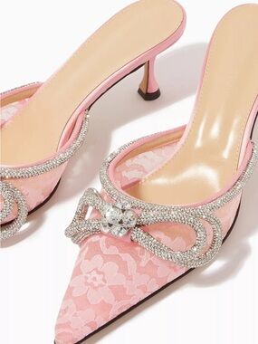 MACH & MACH Pink Lace Crystal Bow Pointed Mules